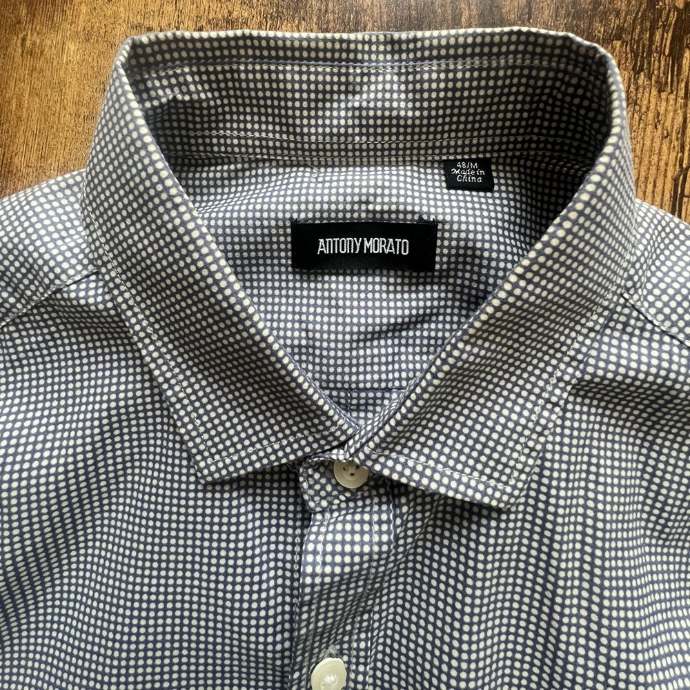 Antony Morato Button Down Shirt Blue White Micro Dot Cotton Size 48 M